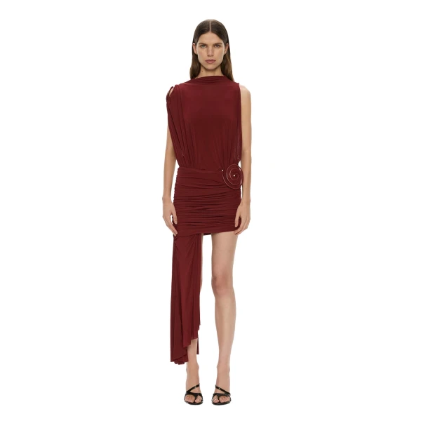 Aurelia Sculpted Spiral Cascade Mini Dress in Wine