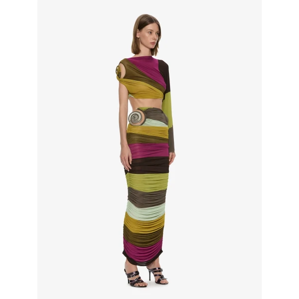 Christopher Esber Aurelia Sculpted Spiral Gathered Skirt in Kaleido Stripe | Skirts | Coveti