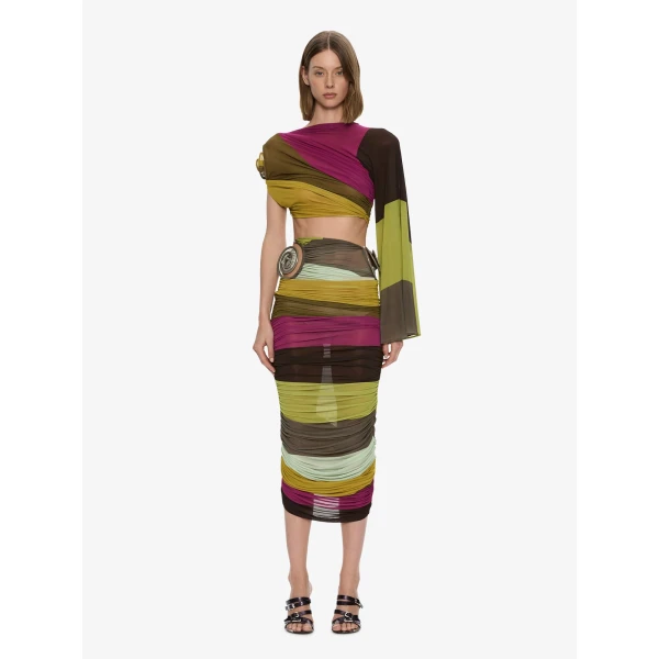 Christopher Esber Aurelia Sculpted Spiral Gathered Skirt in Kaleido Stripe | Skirts | Coveti
