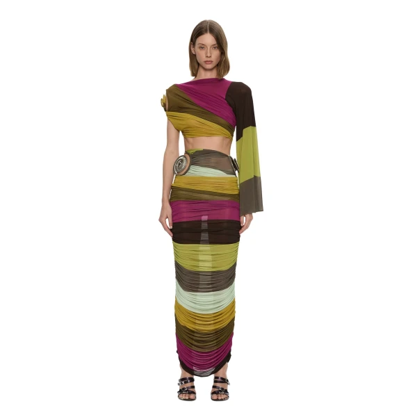 Christopher Esber Aurelia Sculpted Spiral Gathered Skirt in Kaleido Stripe | Skirts | Coveti