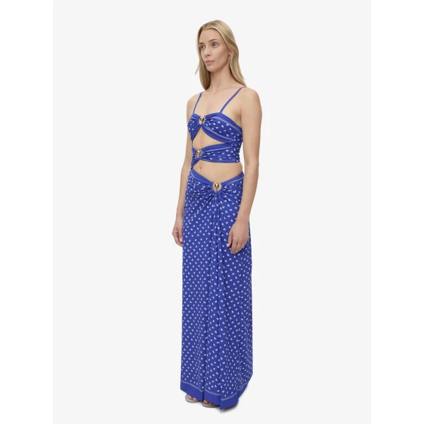 Christopher Esber Bandana Ruched Orbit Split Dress in Indigo Bandana Print | Maxi Dresses | Coveti