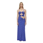 Christopher Esber Bandana Ruched Orbit Split Dress in Indigo Bandana Print | Maxi Dresses | Coveti