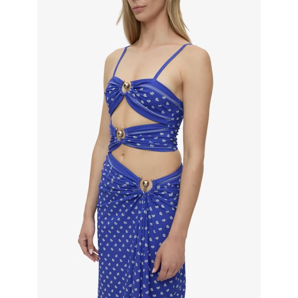 Christopher Esber Bandana Ruched Orbit Split Dress in Indigo Bandana Print | Maxi Dresses | Coveti