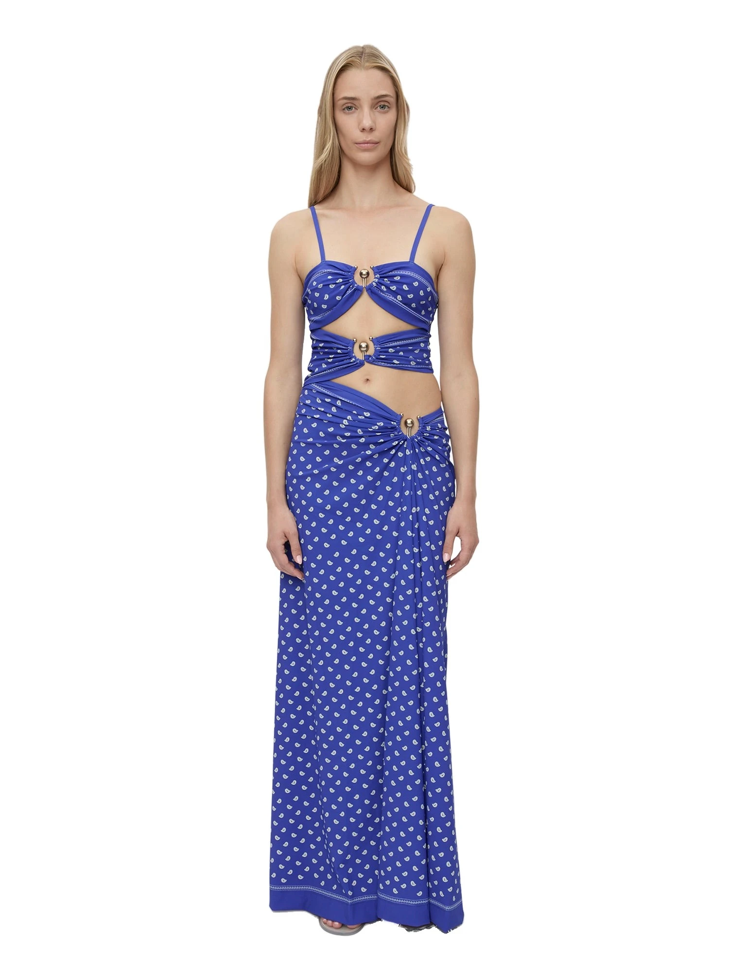Christopher Esber Bandana Ruched Orbit Split Dress in Indigo Bandana Print Christopher Esber Bandana Ruched Orbit Split Dress in Indigo Bandana Print | Maxi Dresses | Coveti
