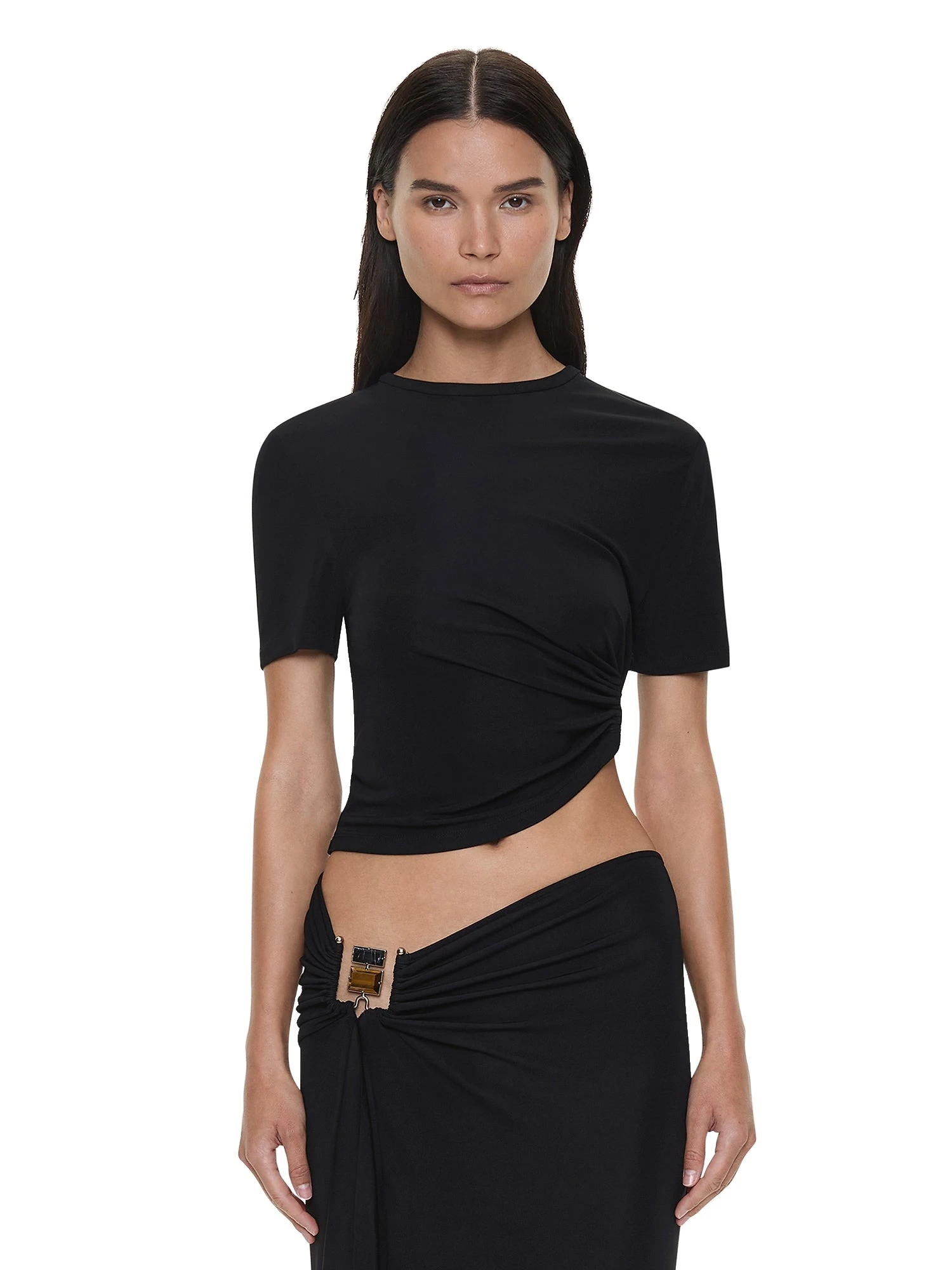 Christopher Esber Bezel Quartz Ruched Tee in Black Christopher Esber Bezel Quartz Ruched Tee in Black | T-shirts | Coveti