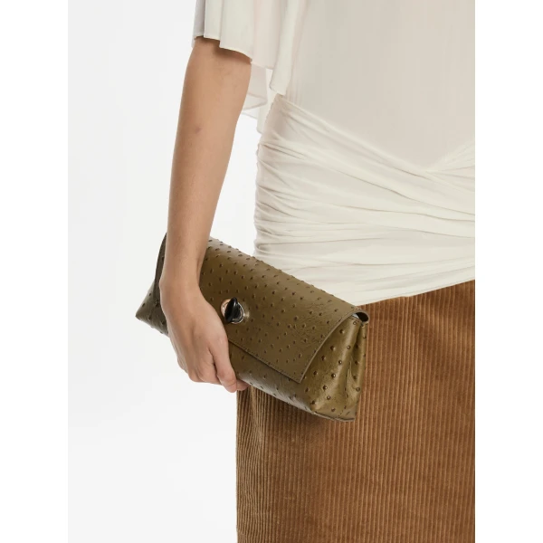 Christopher Esber Buki Embossed Clutch in Khaki | Clutch Bags | Coveti