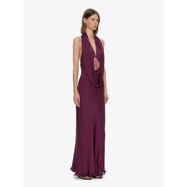 Christopher Esber Cesura Cowl Lace Halter Gown in Plum | Evening Gowns | Coveti