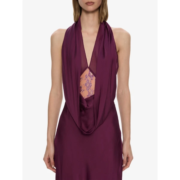 Christopher Esber Cesura Cowl Lace Halter Gown in Plum | Evening Gowns | Coveti
