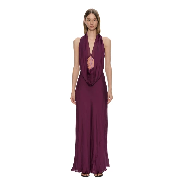 Cesura Cowl Lace Halter Gown in Plum