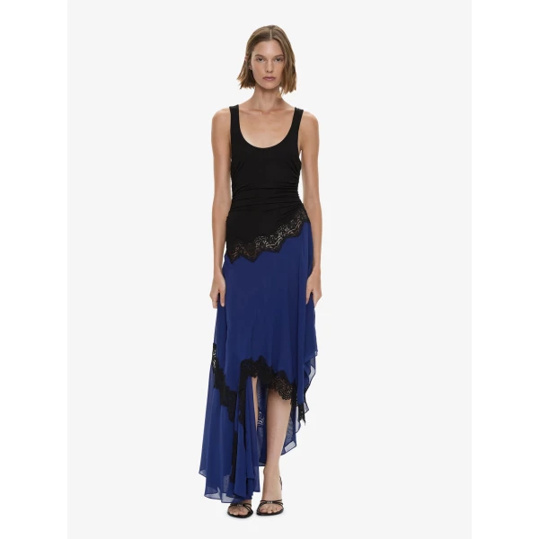 Christopher Esber Cutaway Lace Gathered Tank Dress in Ink Black | Midi Dresses | Coveti