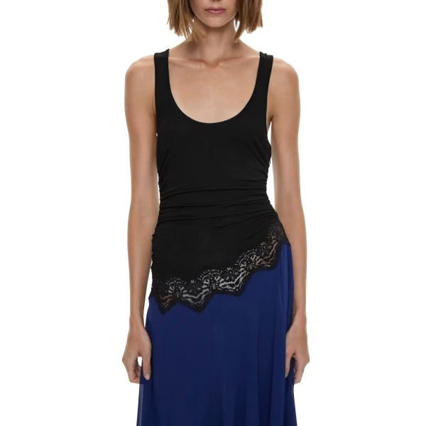 Cutaway Lace Gathered Tank Dress in Ink Black