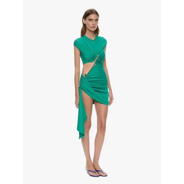 Christopher Esber Droplet Crystal Clasp Draped Tank Dress in Malachite | Mini Dresses | Coveti