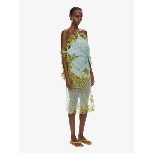 Christopher Esber Embroidered Handkerchief Envelope Dress in Sky Caper Check | Midi Dresses | Coveti