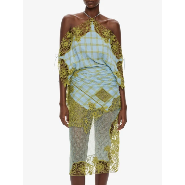 Christopher Esber Embroidered Handkerchief Envelope Dress in Sky Caper Check | Midi Dresses | Coveti