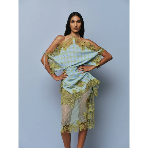 Christopher Esber Embroidered Handkerchief Envelope Dress in Sky Caper Check | Midi Dresses | Coveti