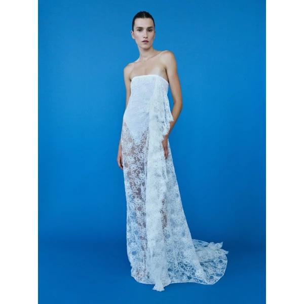 Christopher Esber Floating Lace Strapless Gown in White | Evening Gowns | Coveti