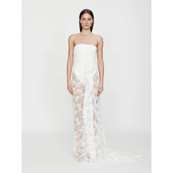 Christopher Esber Floating Lace Strapless Gown in White | Evening Gowns | Coveti