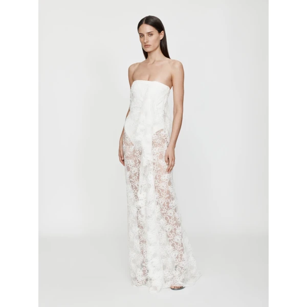 Christopher Esber Floating Lace Strapless Gown in White | Evening Gowns | Coveti