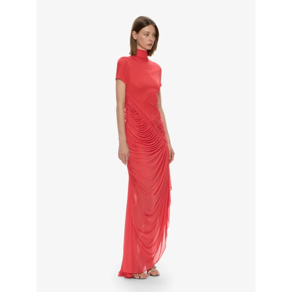 Christopher Esber Fusion Ruched Ripple Dress in Watermelon | Maxi Dresses | Coveti
