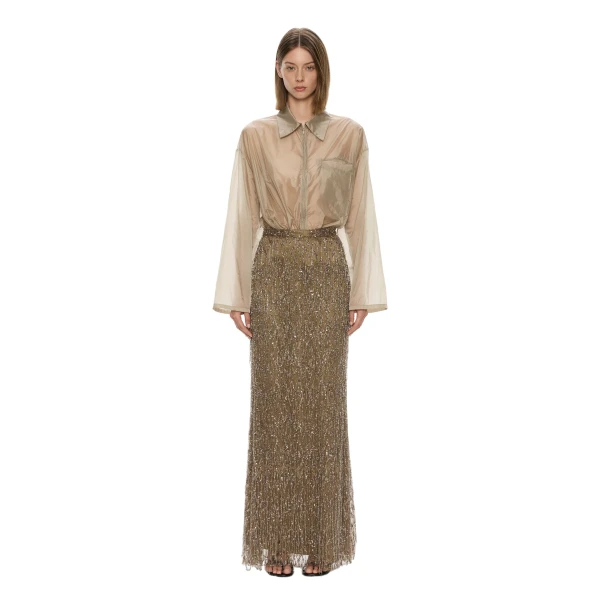 Christopher Esber Gilded Chevron Lace Skirt in Golden Khaki | Skirts | Coveti