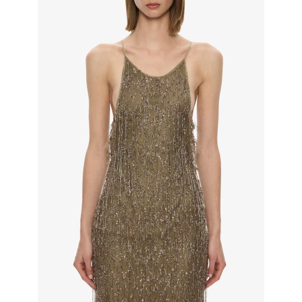 Christopher Esber Gilded Chevron Lace Tank Dress in Bronzed Khaki | Midi Dresses | Coveti
