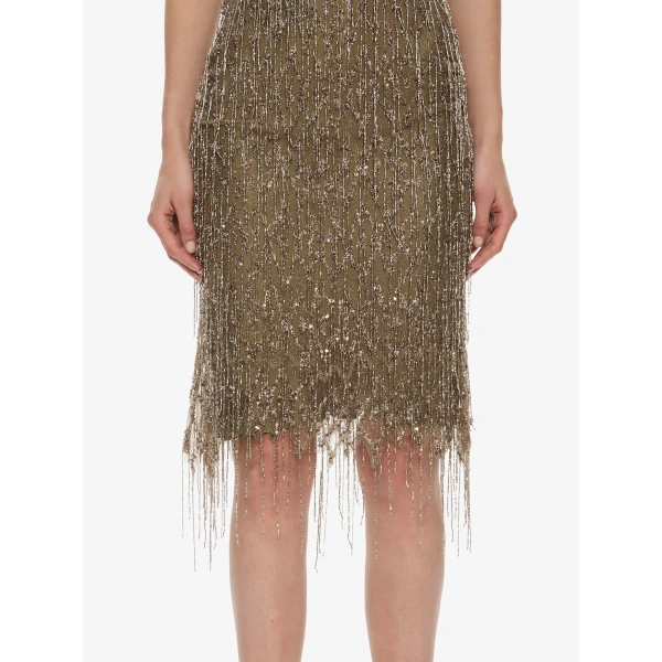 Christopher Esber Gilded Chevron Lace Tank Dress in Bronzed Khaki | Midi Dresses | Coveti