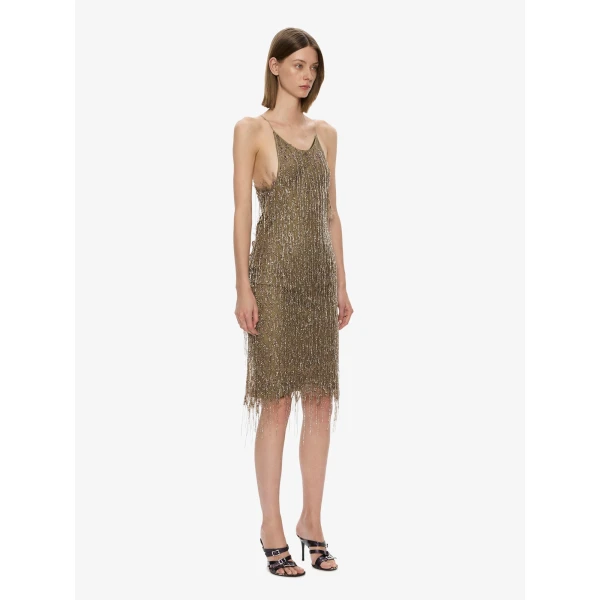 Christopher Esber Gilded Chevron Lace Tank Dress in Bronzed Khaki | Midi Dresses | Coveti