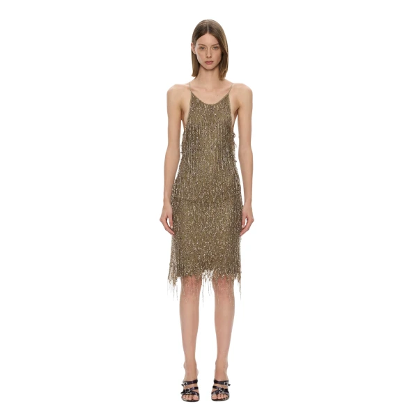 Gilded Chevron Lace Tank Dress in Bronzed Khaki