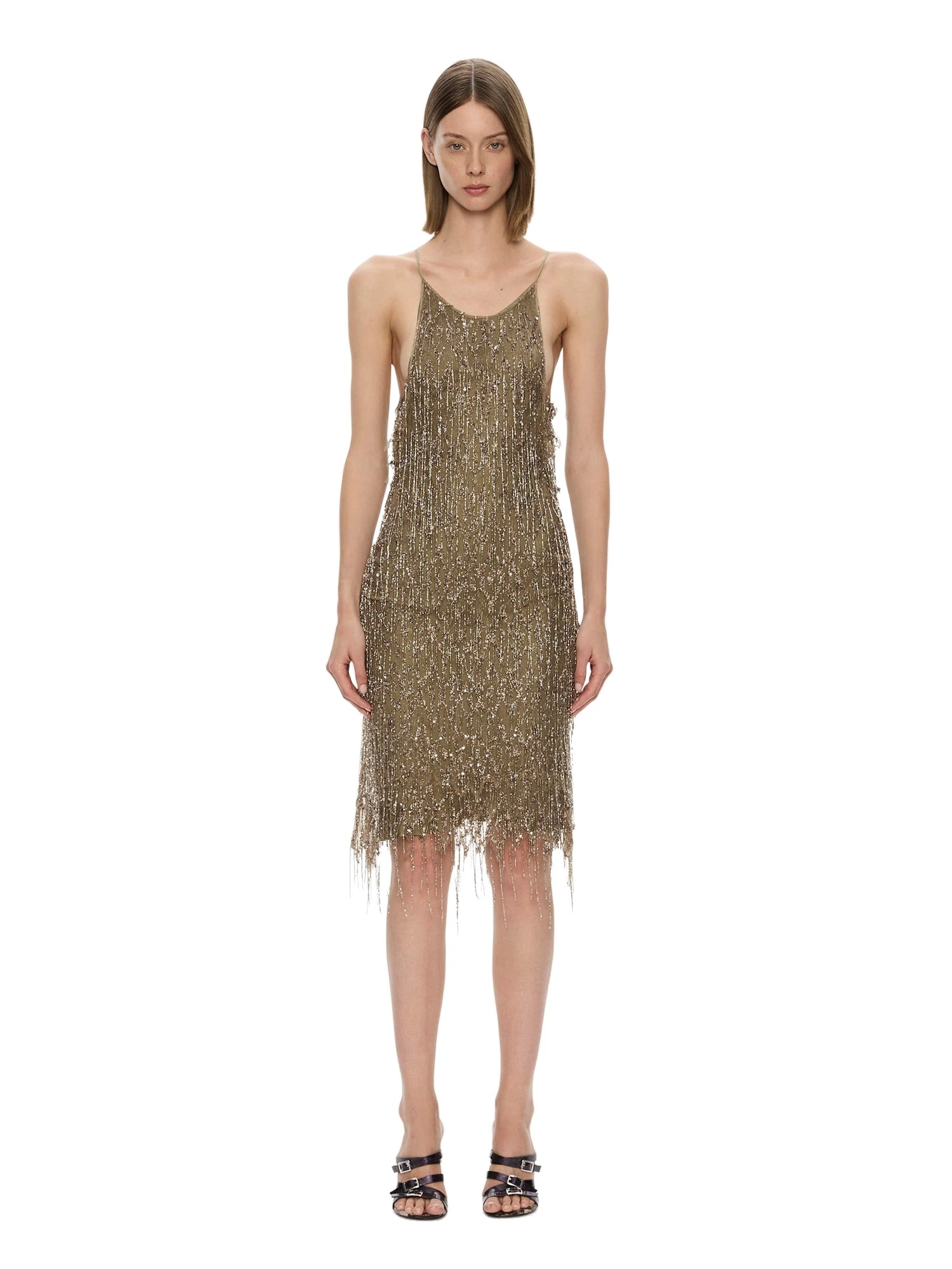 Christopher Esber Gilded Chevron Lace Tank Dress in Bronzed Khaki Christopher Esber Gilded Chevron Lace Tank Dress in Bronzed Khaki | Midi Dresses | Coveti