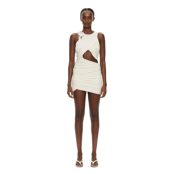 Hibiscus Embroidered Fold Up Mini Dress in White
