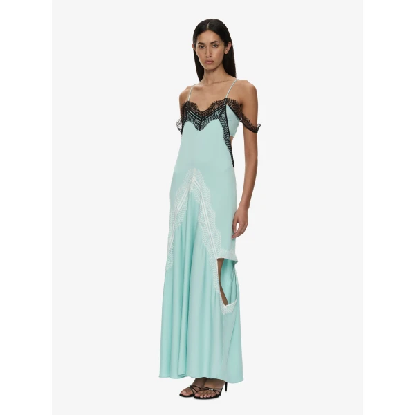 Christopher Esber Keira Split Lace Cutaway Dress in Mystic Mint Multi | Maxi Dresses | Coveti