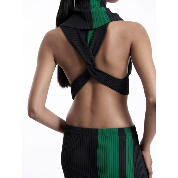 Christopher Esber Mach Stripe Turtleneck Crop in Rallye Green Black | Tops | Coveti
