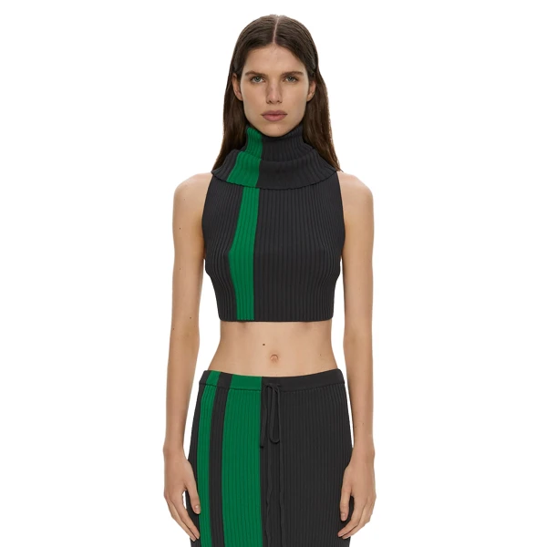 Christopher Esber Mach Stripe Turtleneck Crop in Rallye Green Black | Tops | Coveti