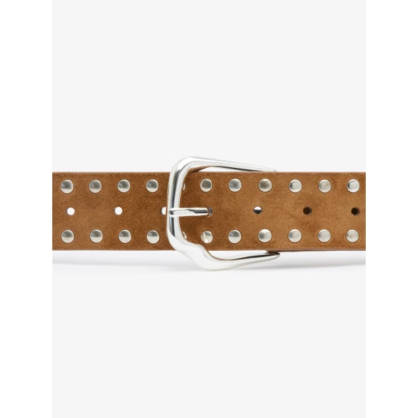 Christopher Esber Maverick Suede Studded Belt in Russet Silver Buckle | Belts | Coveti