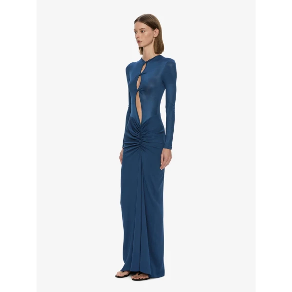 Christopher Esber Open Twist Ruched Long Sleeve Dress in Mineral Blue | Maxi Dresses | Coveti