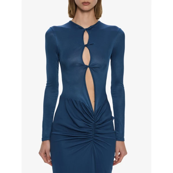 Christopher Esber Open Twist Ruched Long Sleeve Dress in Mineral Blue | Maxi Dresses | Coveti