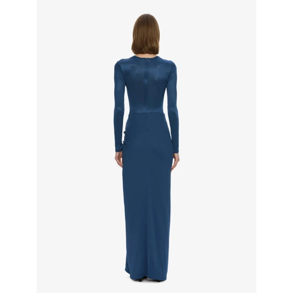Christopher Esber Open Twist Ruched Long Sleeve Dress in Mineral Blue | Maxi Dresses | Coveti