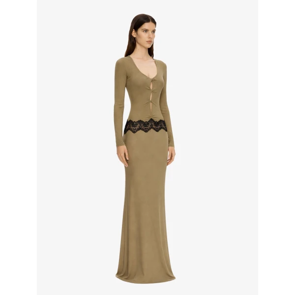 Christopher Esber Open Twist Verner Scooped Long Sleeve Dress in Khaki Black | Maxi Dresses | Coveti