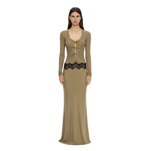 Open Twist Verner Scooped Long Sleeve Dress in Khaki Black