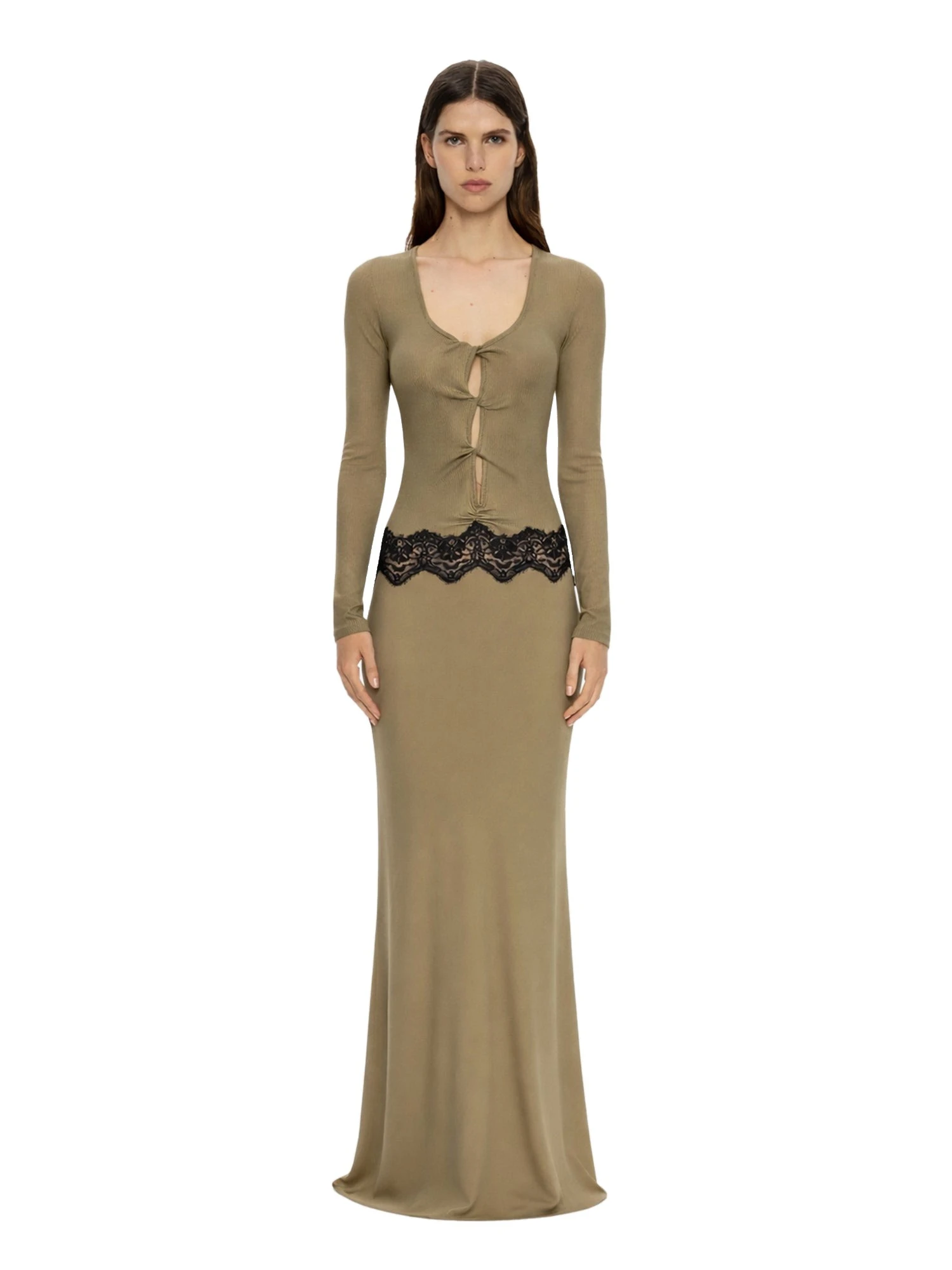 Christopher Esber Open Twist Verner Scooped Long Sleeve Dress in Khaki Black Christopher Esber Open Twist Verner Scooped Long Sleeve Dress in Khaki Black | Maxi Dresses | Coveti