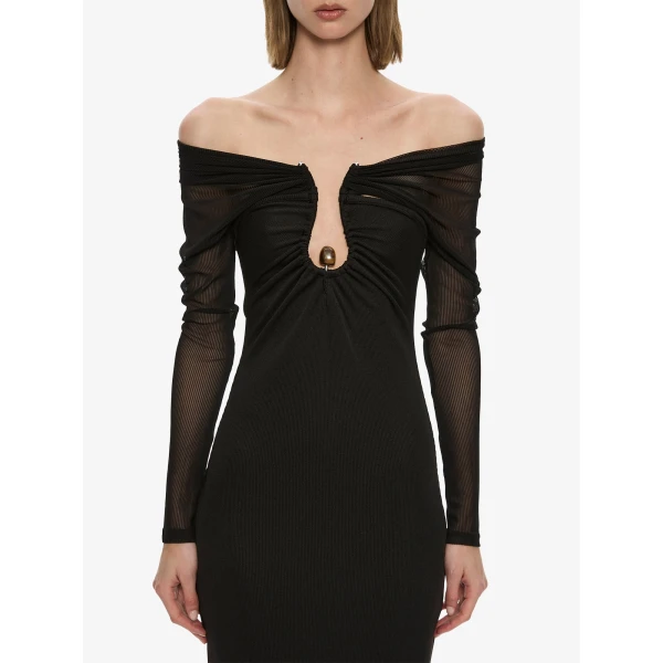 Christopher Esber Orbit Ruched Sheer Rib Column Dress in Black | Maxi Dresses | Coveti