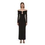 Christopher Esber Orbit Ruched Sheer Rib Column Dress in Black | Maxi Dresses | Coveti