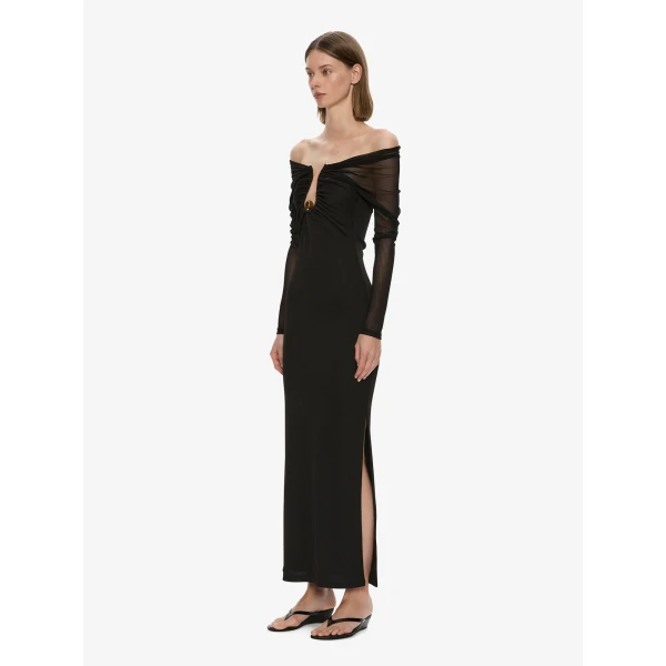 Christopher Esber Orbit Ruched Sheer Rib Column Dress in Black | Maxi Dresses | Coveti