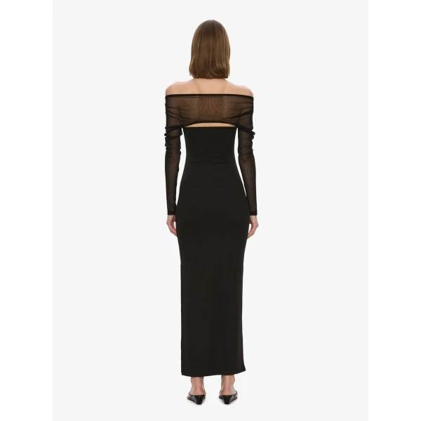 Christopher Esber Orbit Ruched Sheer Rib Column Dress in Black | Maxi Dresses | Coveti