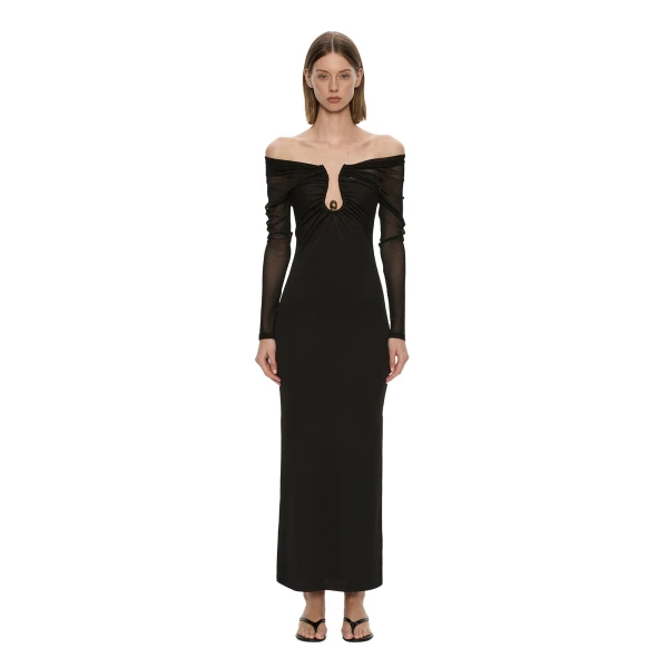 Orbit Ruched Sheer Rib Column Dress in Black