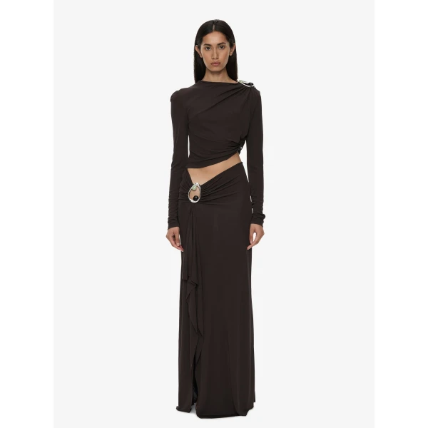 Christopher Esber Orica Crystal Cascade Jersey Skirt in Molasses | Skirts | Coveti