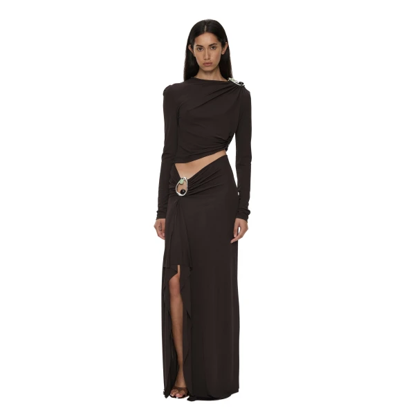 Christopher Esber Orica Crystal Cascade Jersey Skirt in Molasses | Skirts | Coveti