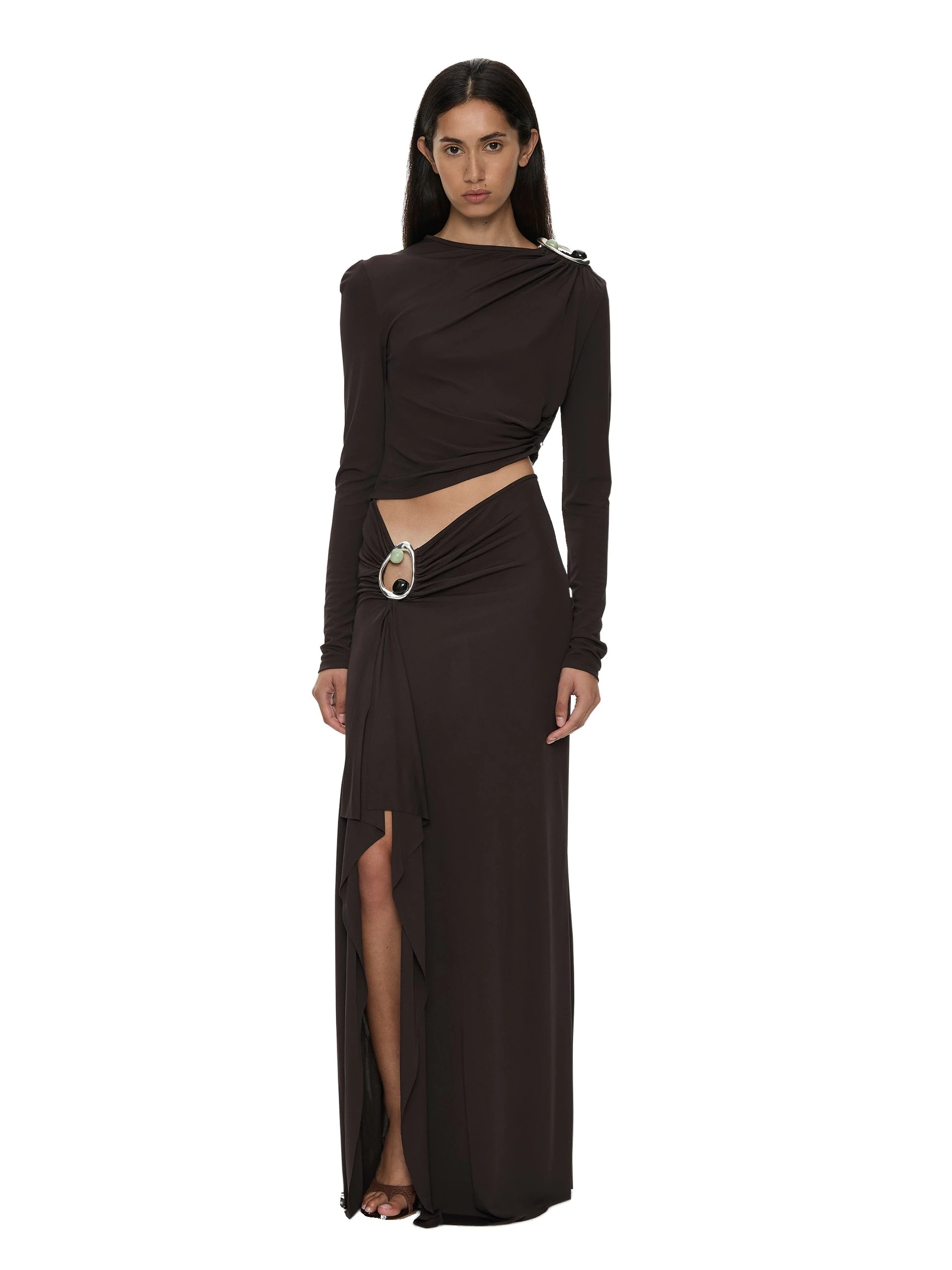 Christopher Esber Orica Crystal Cascade Jersey Skirt in Molasses Christopher Esber Orica Crystal Cascade Jersey Skirt in Molasses | Skirts | Coveti