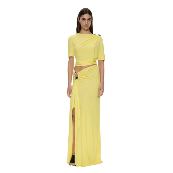 Christopher Esber Orica Crystal Cascade Jersey Skirt in Targa Yellow | Skirts | Coveti