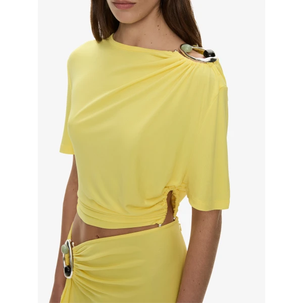 Christopher Esber Orica Crystal Ruched Jersey Tee in Targa Yellow | T-shirts | Coveti